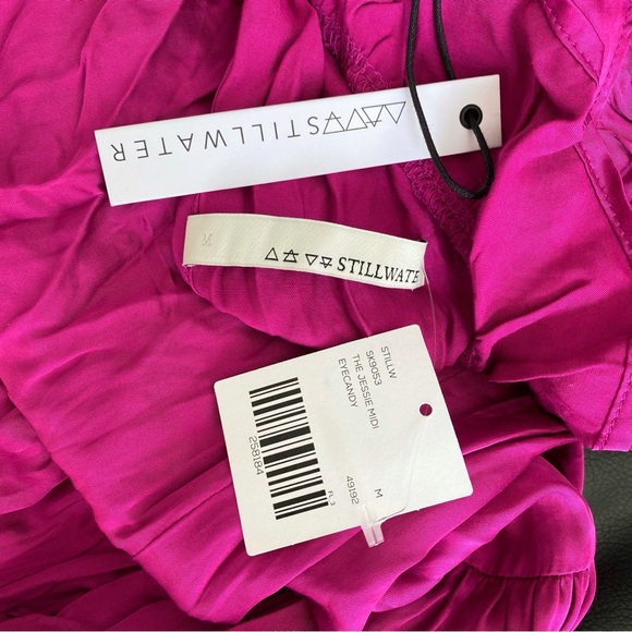 STILLWATER EYE CANDY DARK PINK SATIN plunging neck backless JESSIE MIDI DRESS - Picture 8 of 12